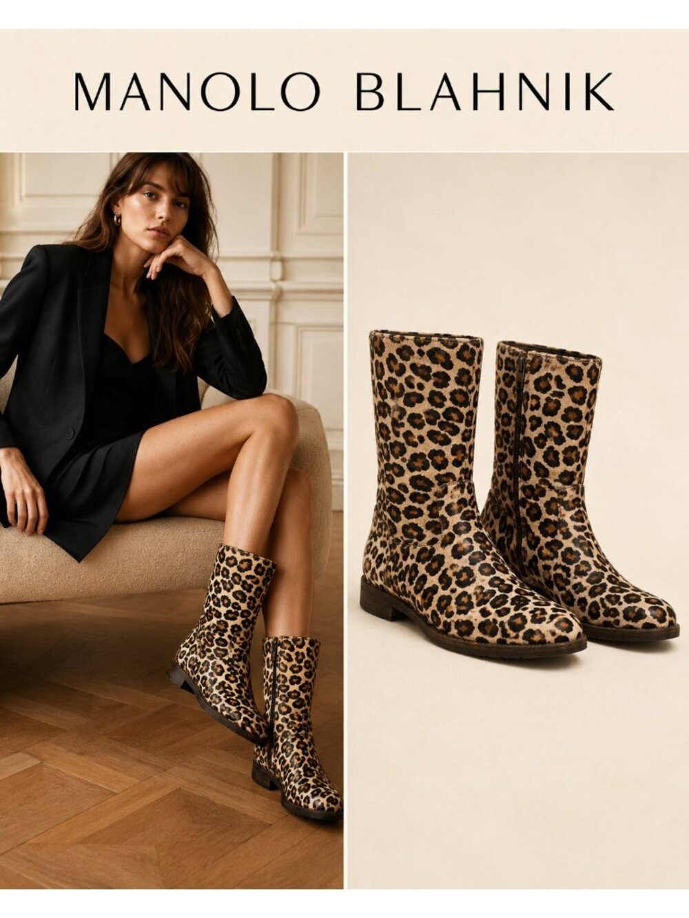 Manolo Blahnik Leopard Calf Hair Mid-Calf Boots EU 39/US8.5 Vibram Sole